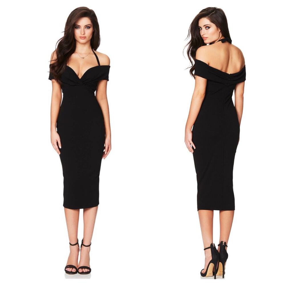 Nookie Athena Off Shoulder Black Midi Dress Size Small NON1722 Cocktail Chic